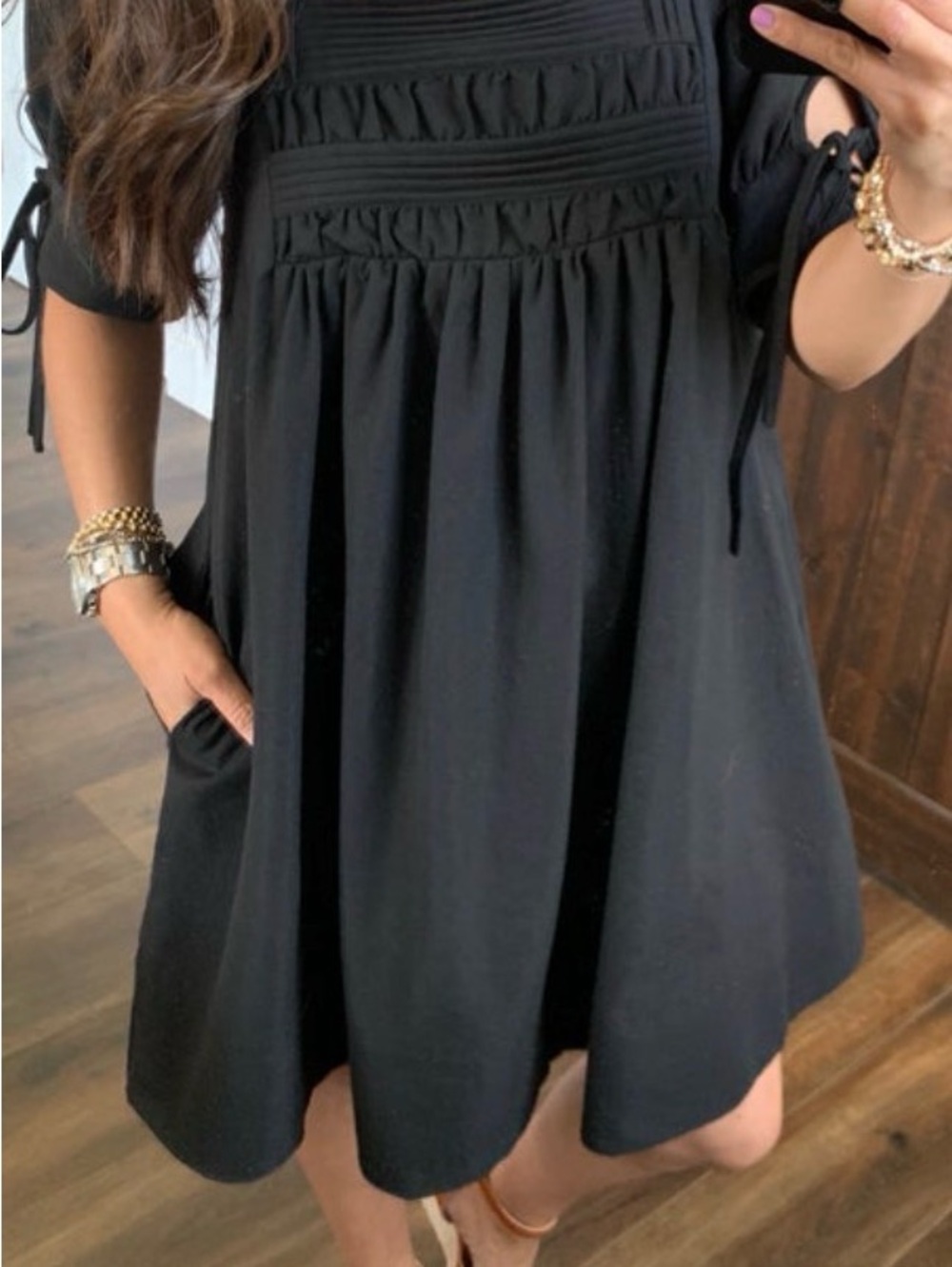 Black Pleated Chest Tie Pocket Dress